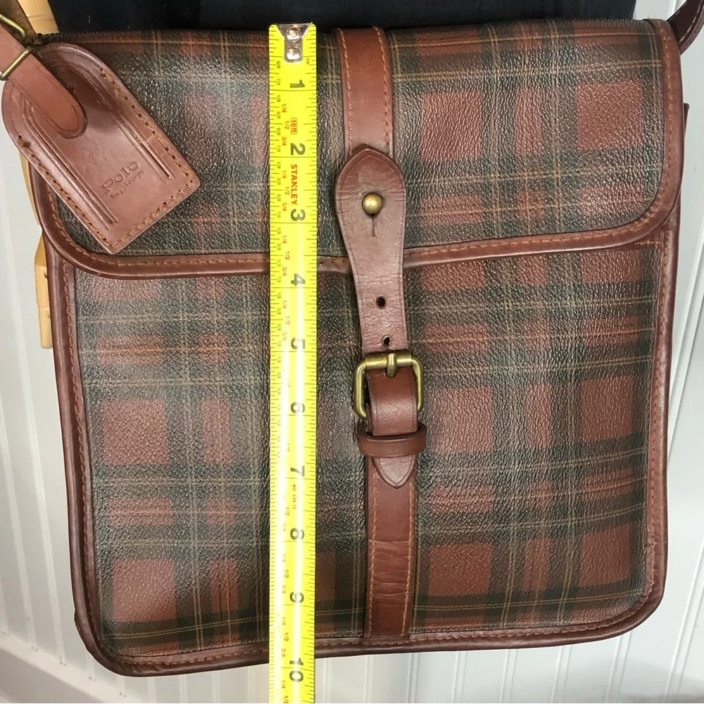 RALPH LAUREN Tartan Plaid Large Leather Crossbody Messenger Shoulder Bag